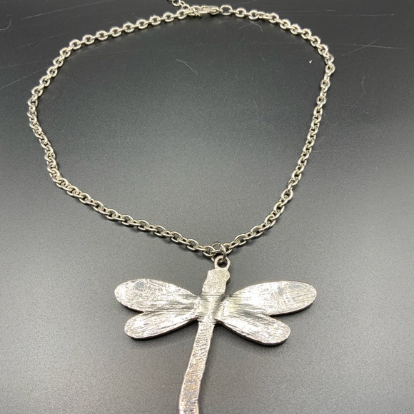 Large dragonfly pendant necklace silver tone 17” - Picture 4 of 5
